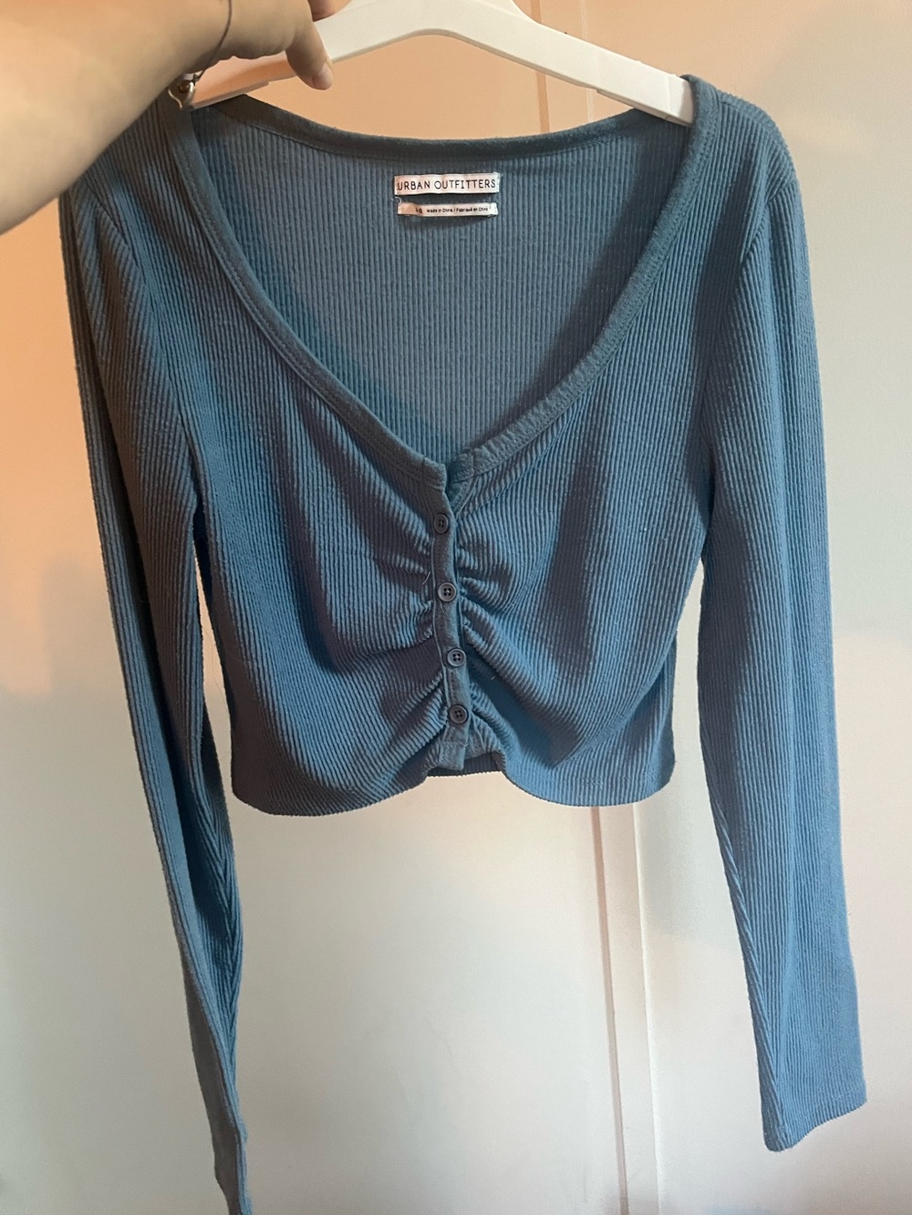 Urban Outfitters Dusty Blue Ribbed Button-Front Long Sleeve Top